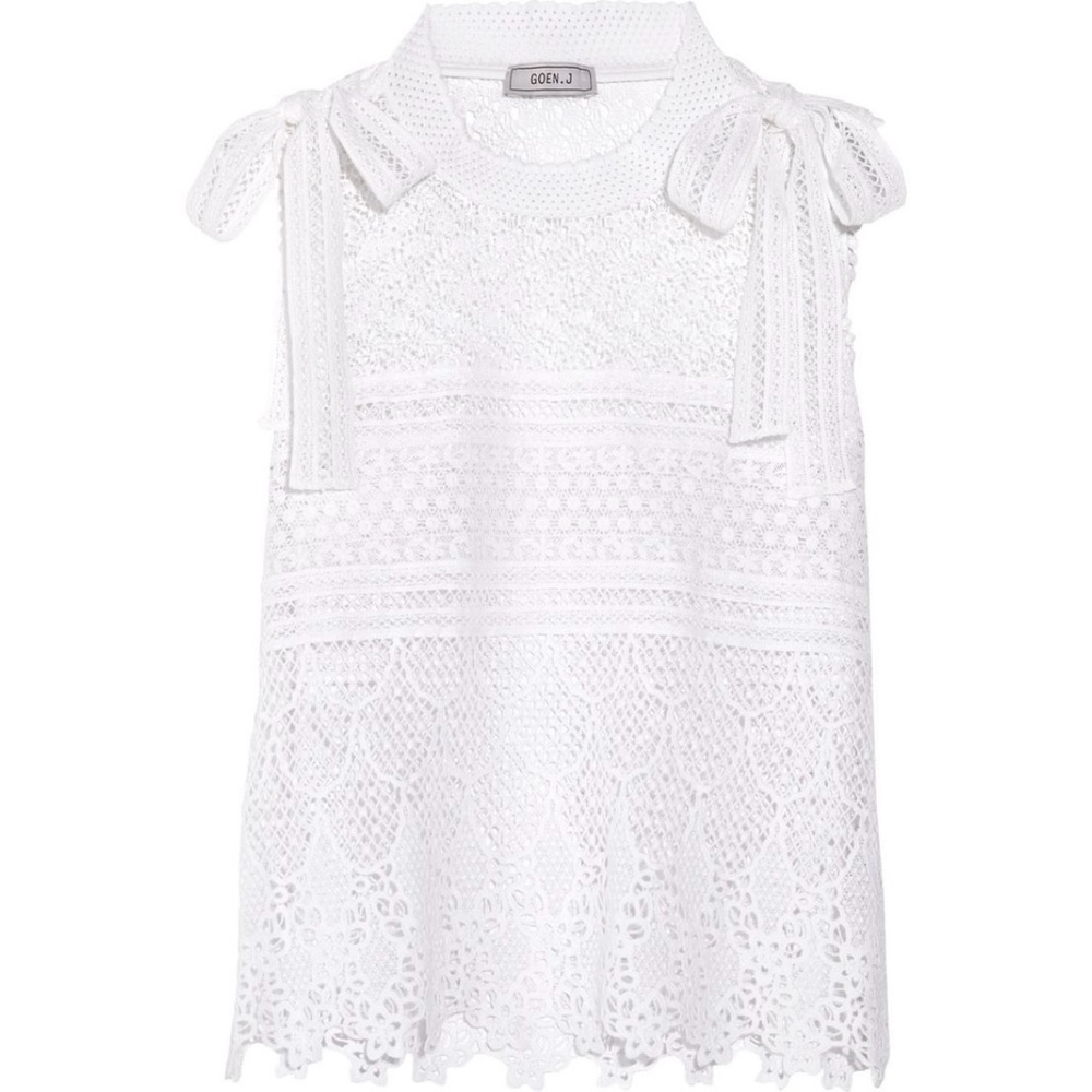 GOEN.J | L | Cotton Gauze Crochet Bow Tie Shoulders Side Zip Doily Tank